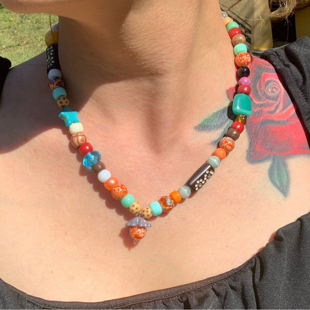 Handmade glass beaded stretchy boho mushroom festival necklace